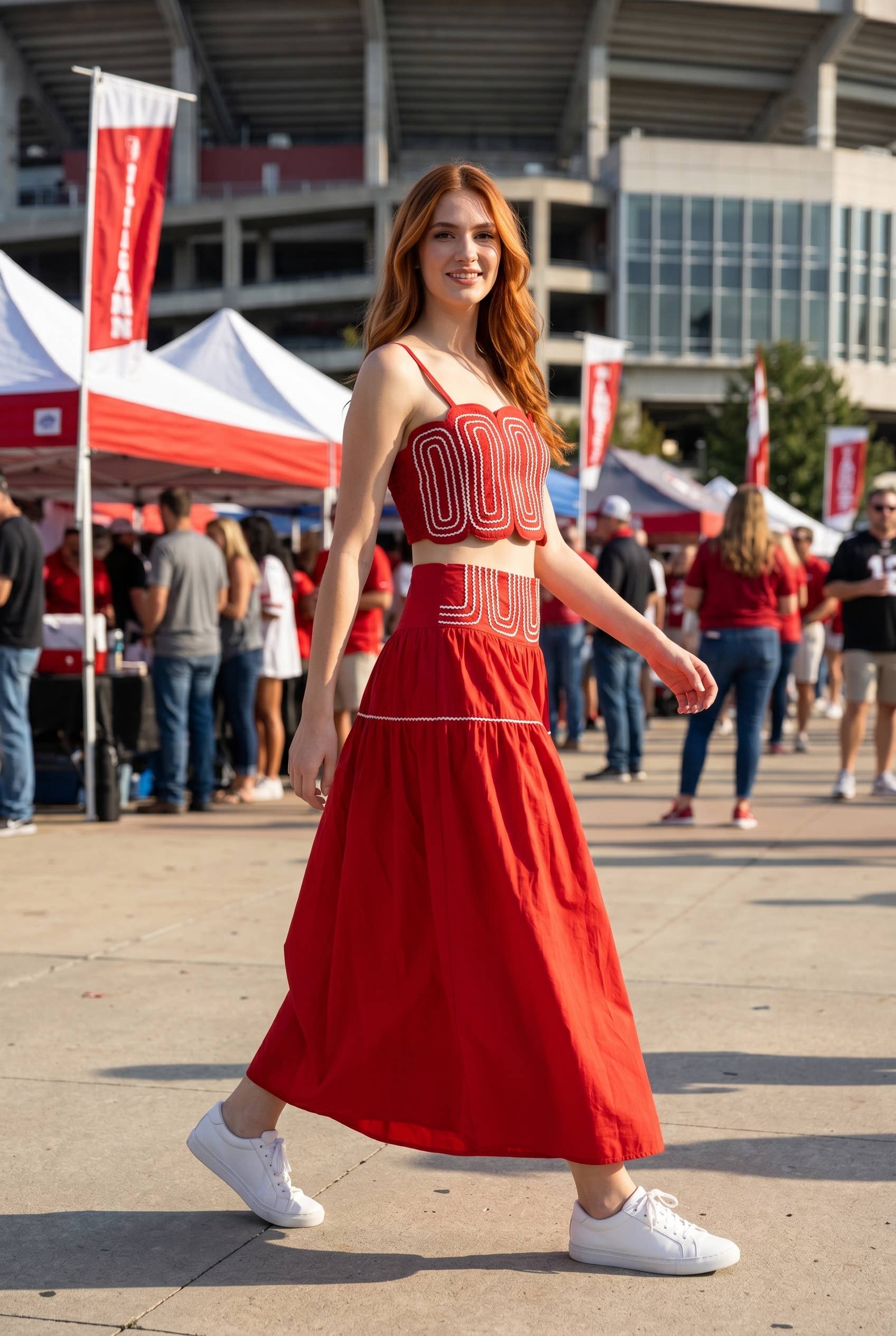 Exclusive Lace Trimmed Top & Skirt Set: CRIMSON/WHITE / M