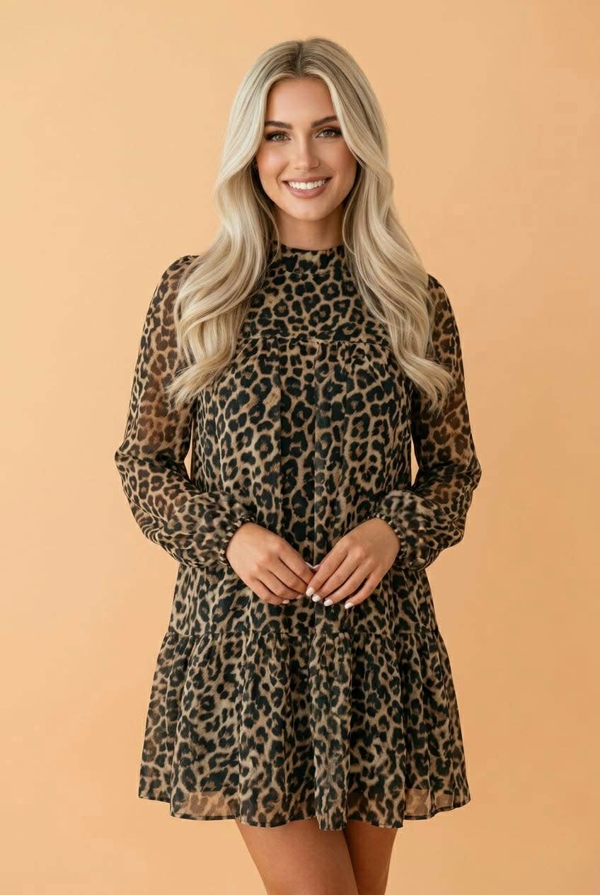 PRETTY BASH Leopard Long Sleeve Shift Mini Dress: Brown / L