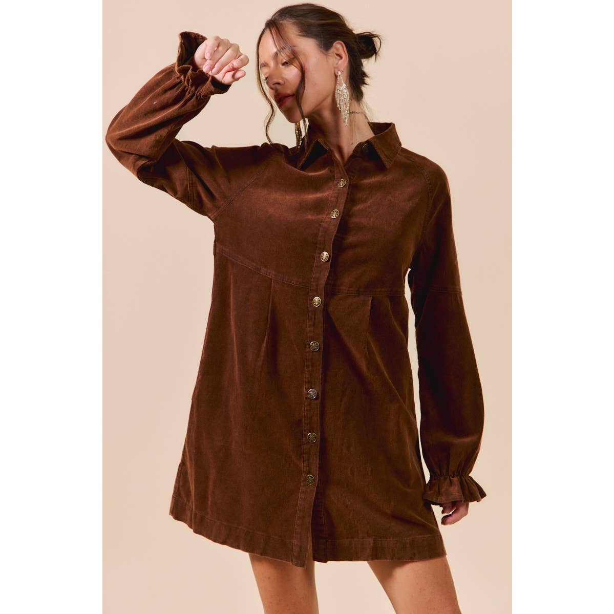 WASHED CORDUROY BUTTON DOWN SHIRT MINI DRESS: BROWN / S