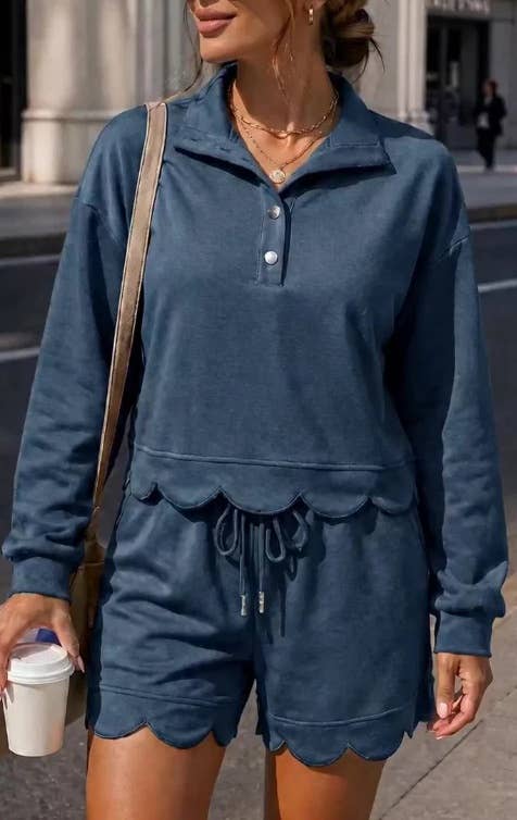 Scallop Edge Casual Half Button Sweatsuits 2 Piece Sets: Navy
