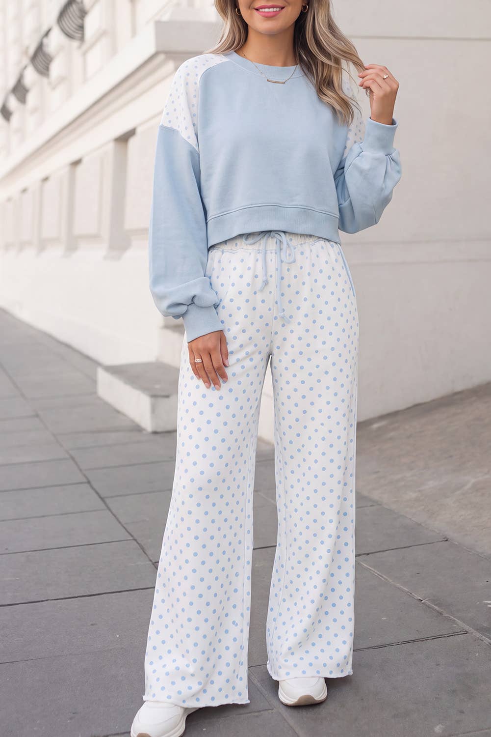 Polka Dot Print Patchwork Top 2pcs Pants Set  | S-4X: Khaki / S