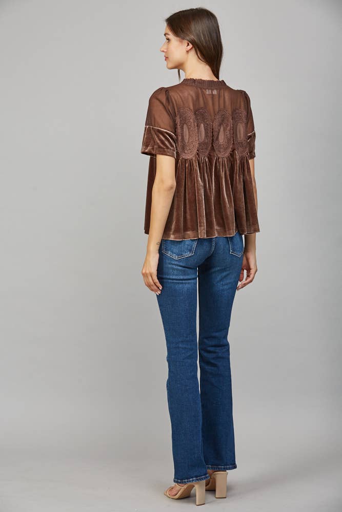 LACE DETAIL VELVET BABYDOLL TOP FT25474 : TEAL GREEN / M