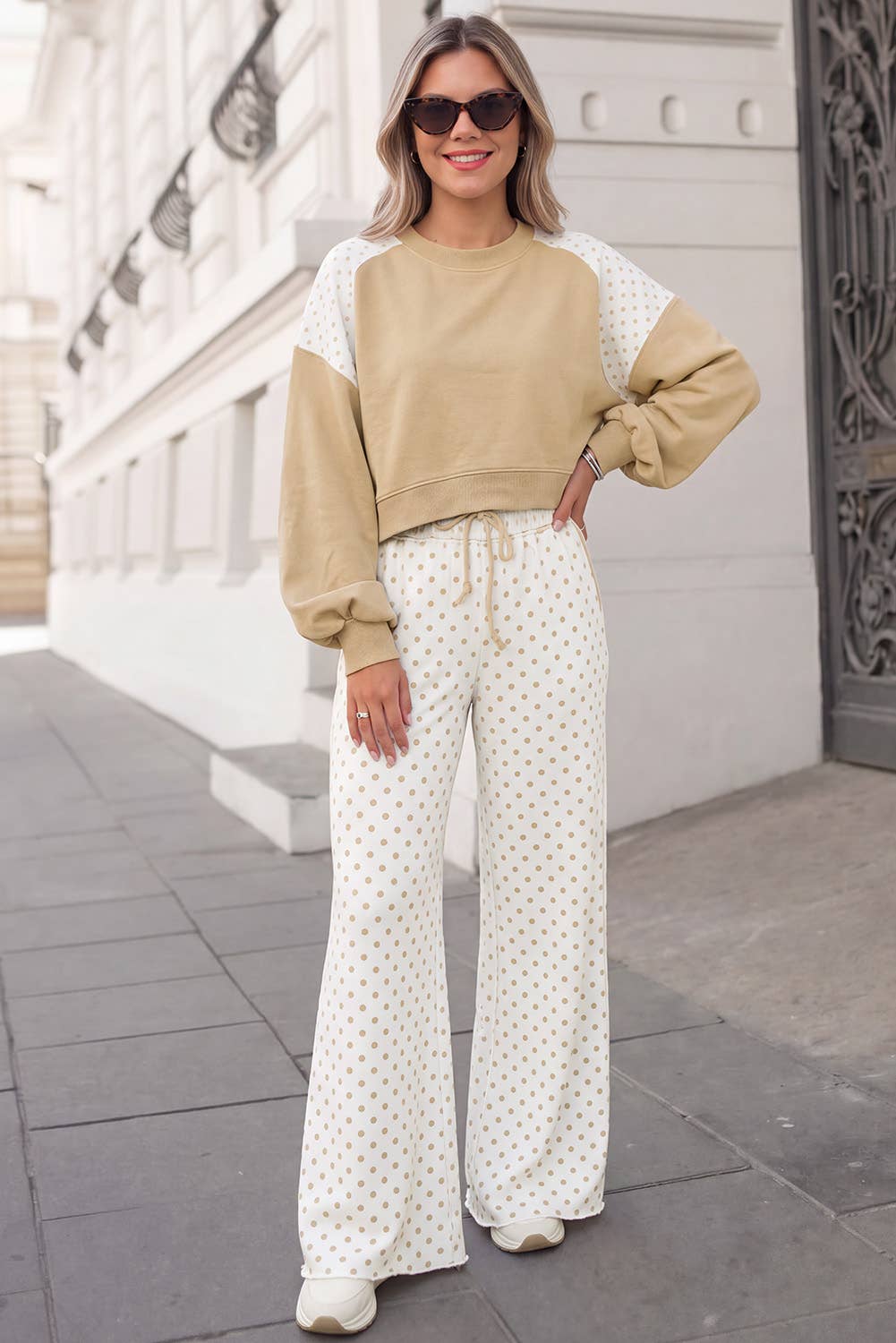 Polka Dot Print Patchwork Top 2pcs Pants Set  | S-4X: Khaki / 4X