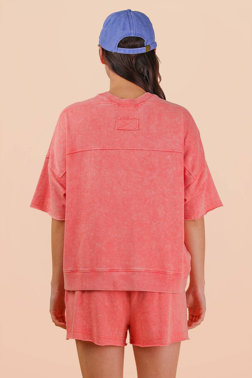 NT12429SET-Mineral Washed Knit Casual Top & Shorts: BEIGE / S-M-L/2-2-2