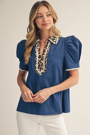 DENIM WITH LEOPARD DETAIL TOP
