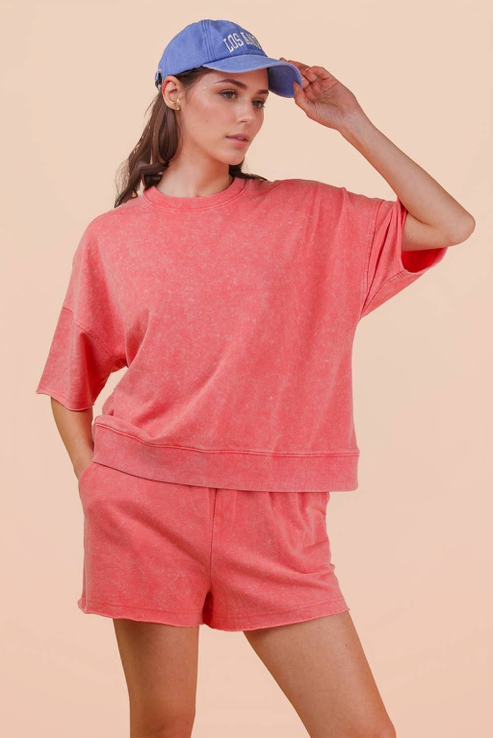 NT12429SET-Mineral Washed Knit Casual Top & Shorts: BEIGE / S-M-L/2-2-2