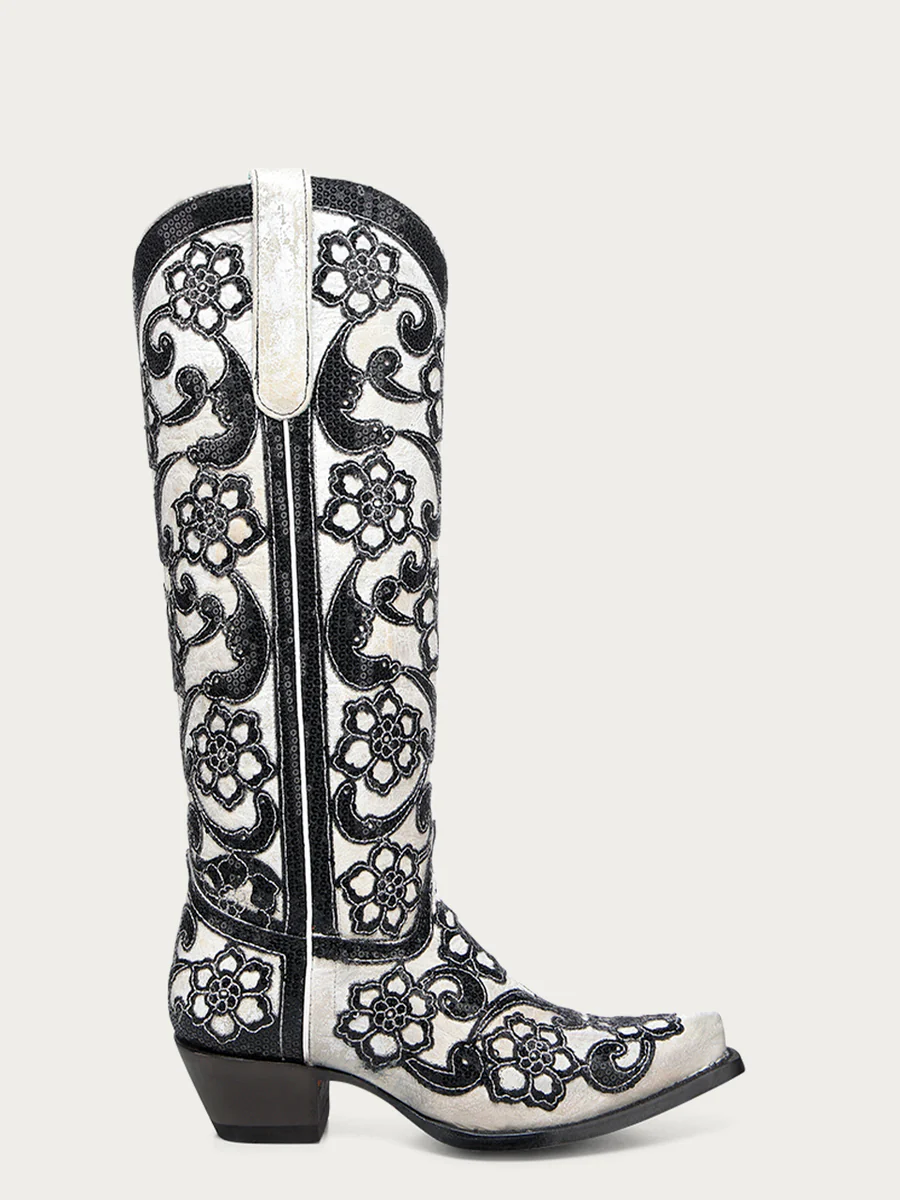 Corral Women’s Tall White/Black Floral Overlay Sequin Cowboy Boot – Style A4866