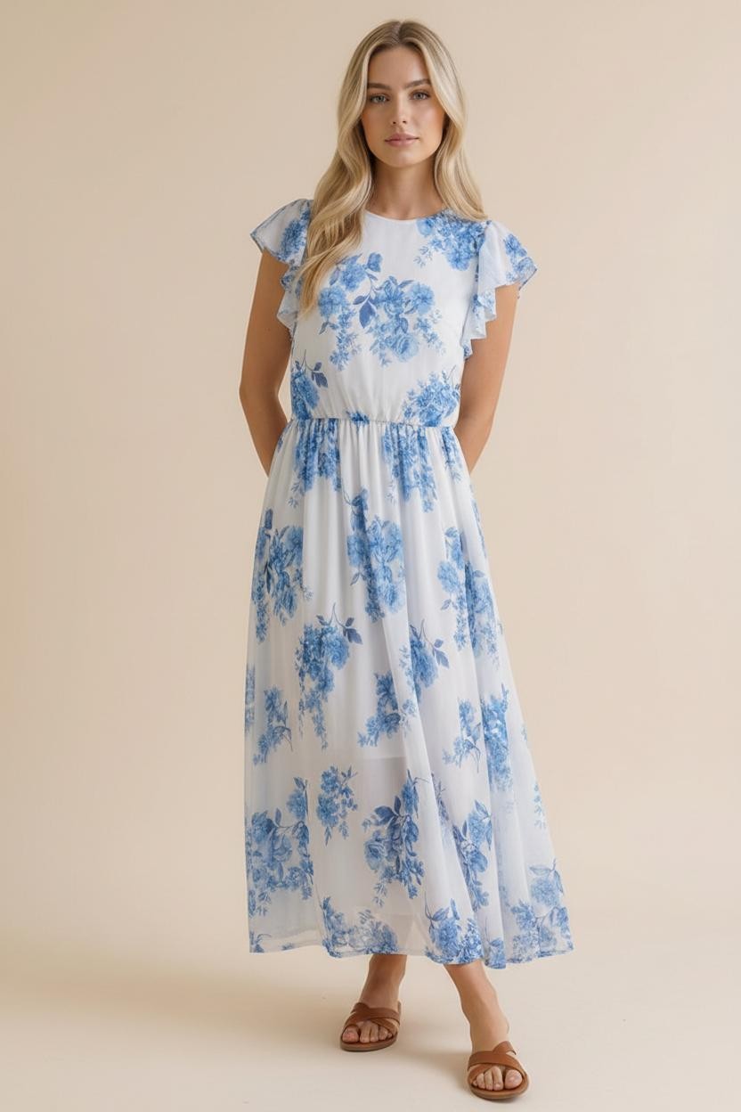 WHITE WITH BLUE FLOWERS MAXI DRESS