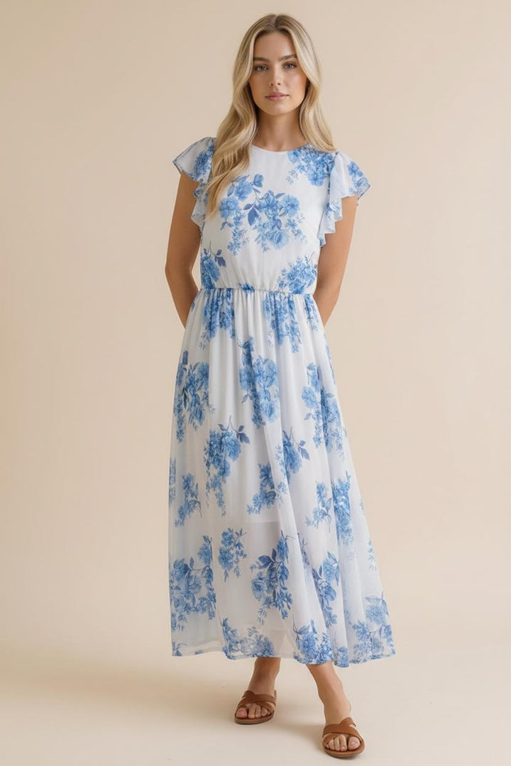 WHITE WITH BLUE FLOWERS MAXI DRESS