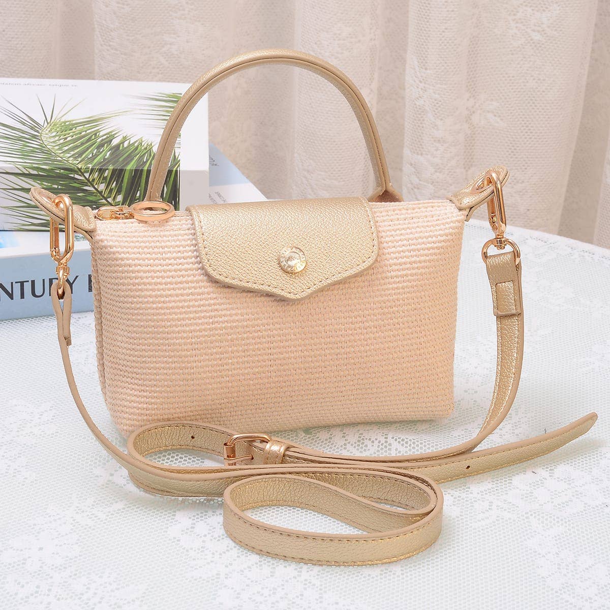 SC781 Lacey Straw Look Woven Fabric Mini Crossbody Bag: Charcoal