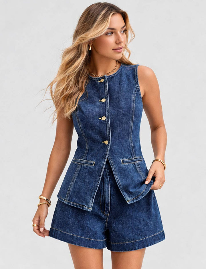 Ladies Sleeveless Button Front Denim Vest & Shorts Matching Set: Dark Blue