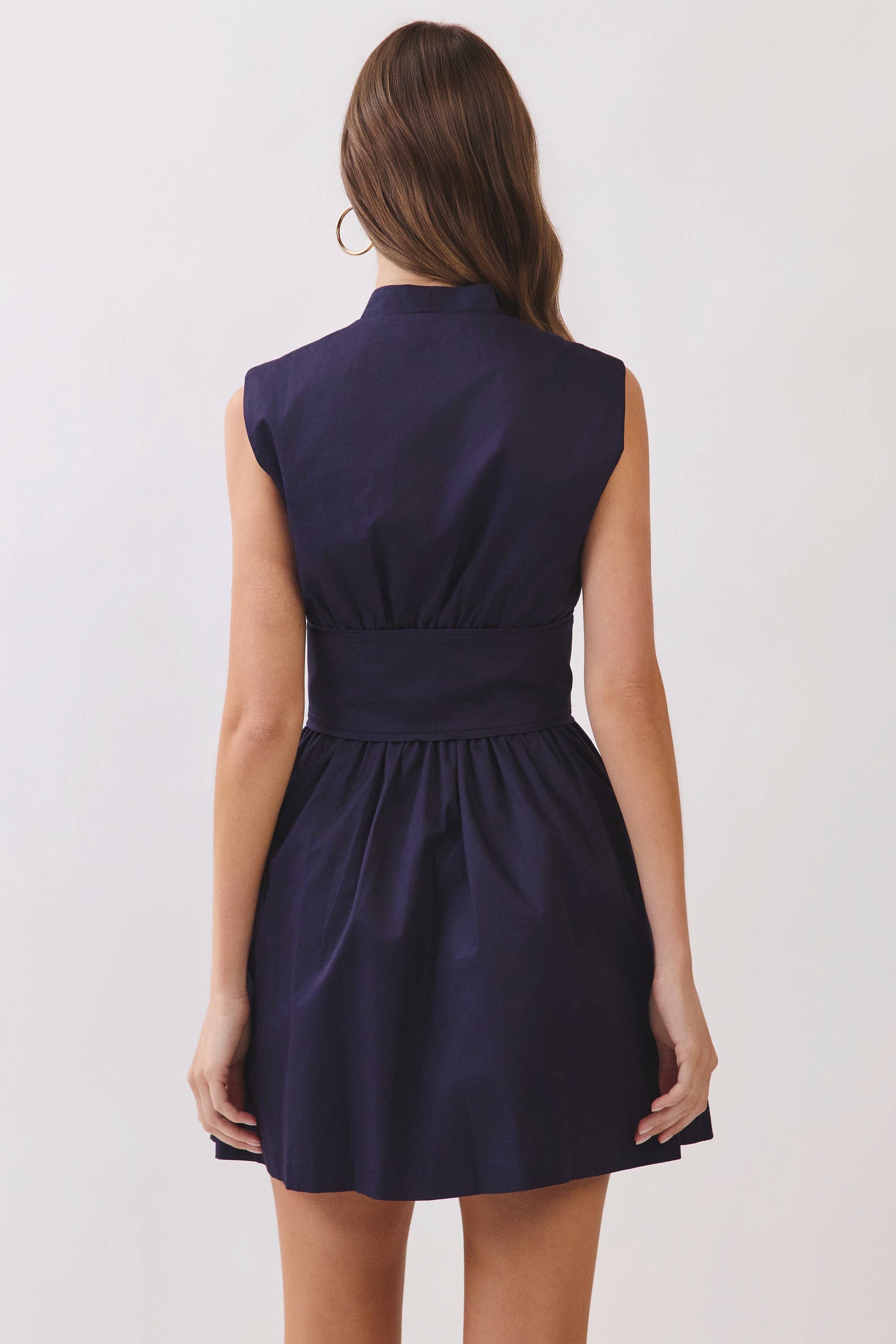 CD07317-Sleeveless Fit & Flare Waist Belt Mini Dress: CHOCOLATE / S