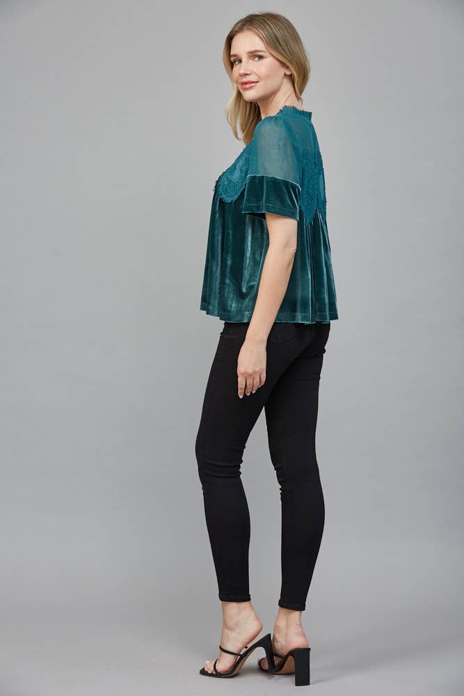 LACE DETAIL VELVET BABYDOLL TOP FT25474 : TEAL GREEN / M
