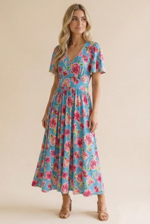 BLUE WITH PINK FLORAL PRINT MAXI DRESS
