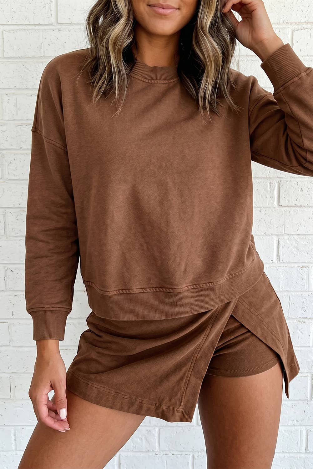 Solid Color Long Sleeve Two Piece Casual Shift Dress Set: Coffee / S