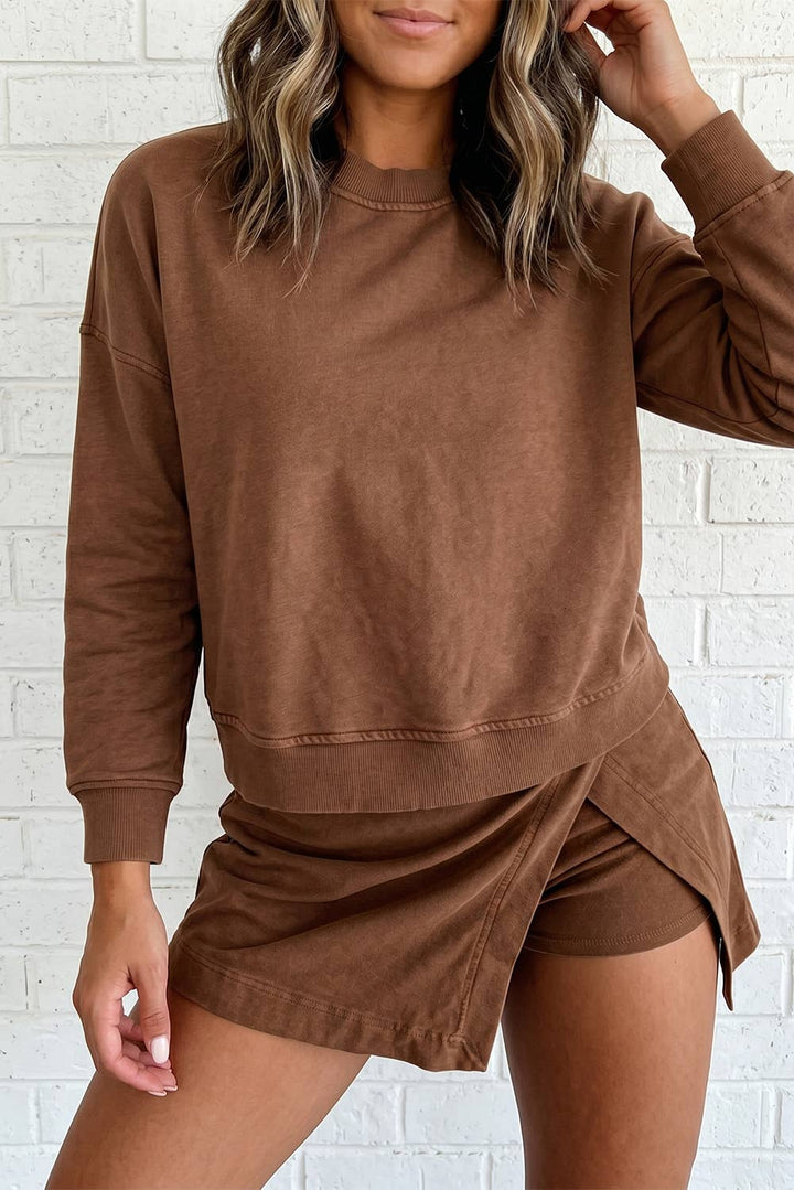 Solid Color Long Sleeve Two Piece Casual Shift Dress Set: Coffee / S