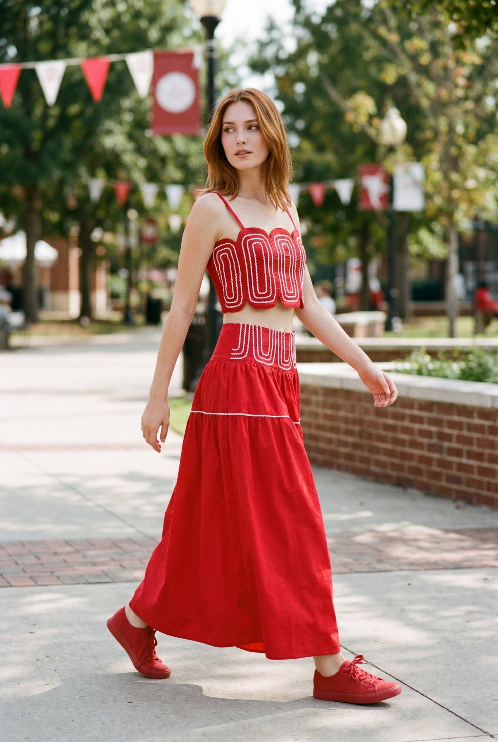 Exclusive Lace Trimmed Top & Skirt Set: CRIMSON/WHITE / M