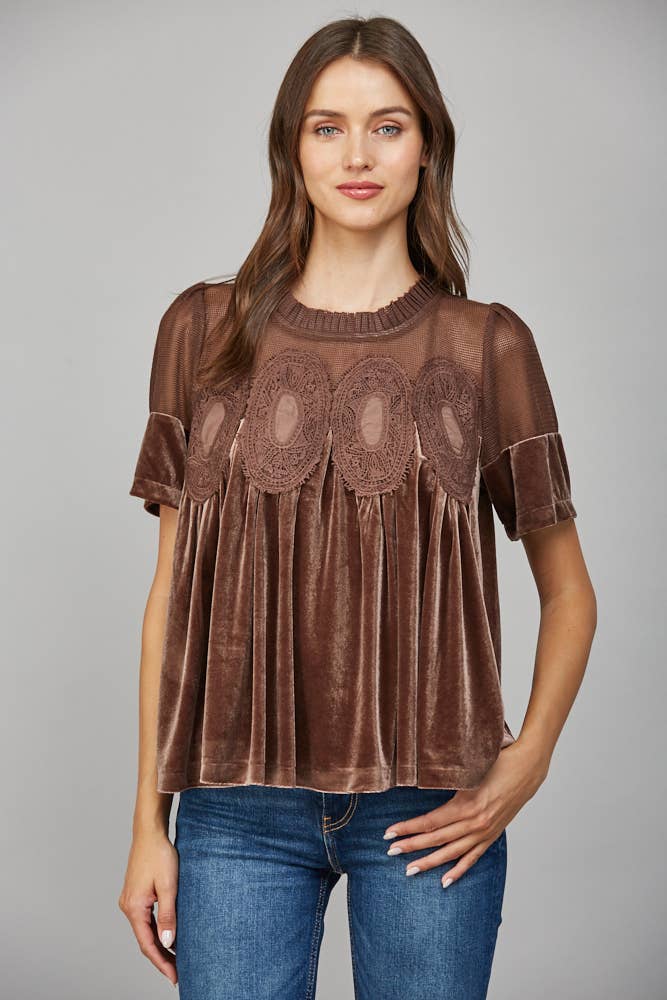LACE DETAIL VELVET BABYDOLL TOP FT25474 : TEAL GREEN / M