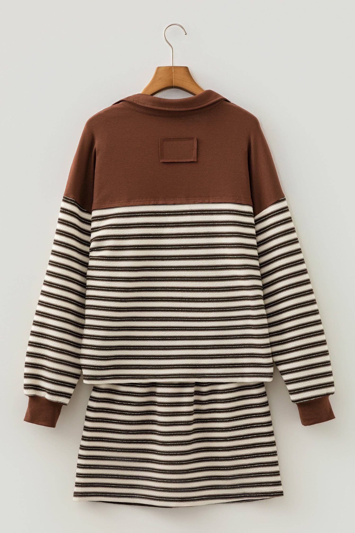 PRETTY BASH Stripe Buttoned Polo Collar Top & Skirt Set: Brown Stripe / M