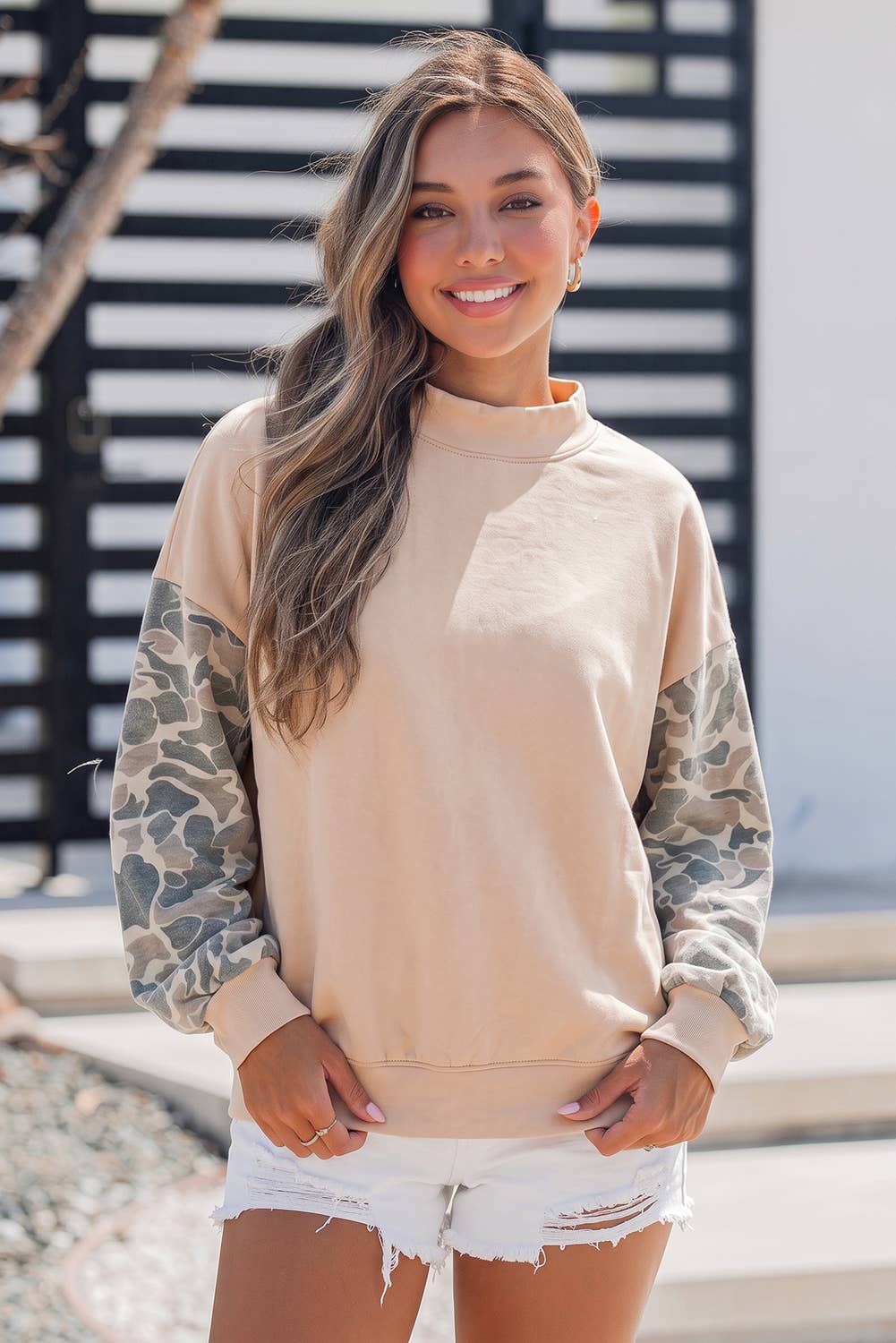 Camouflage Sleeve Crewneck Long Sleeve Sweatshirt S-4X: Coffee / M