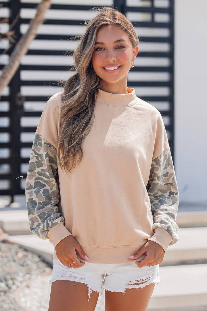 Camouflage Sleeve Crewneck Long Sleeve Sweatshirt S-4X: Coffee / S