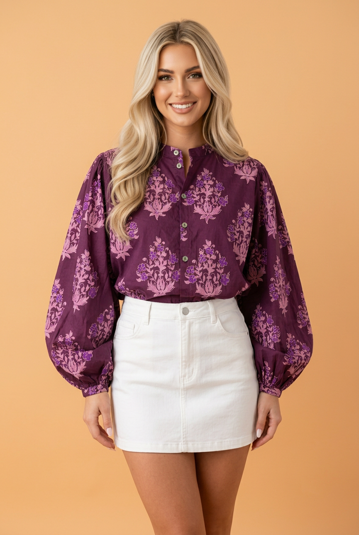 PRETTY BASH Floral Button Front Long Puff Sleeve Blouse: Purple / M