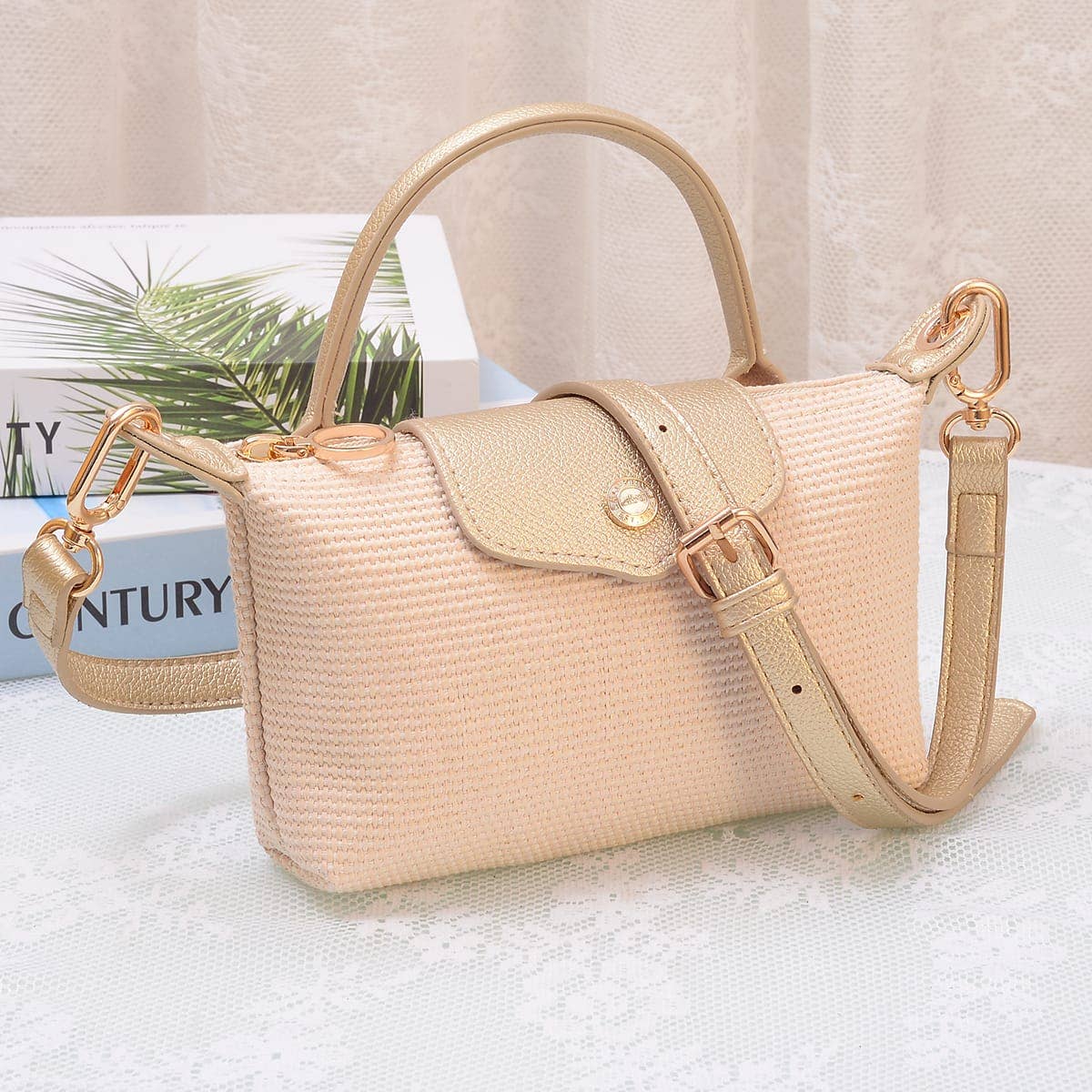 SC781 Lacey Straw Look Woven Fabric Mini Crossbody Bag: Charcoal