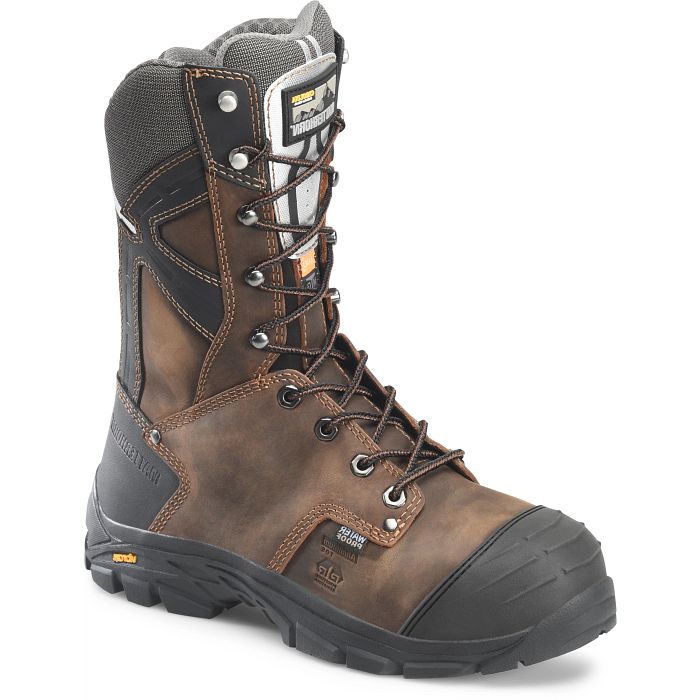 A brown men's work boot with a lace-up closure, featuring a metal toe cap and a rubber outsole designed for winter conditions.