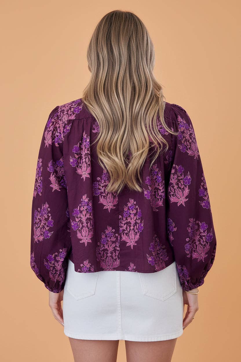 PRETTY BASH Floral Button Front Long Puff Sleeve Blouse: Purple / S