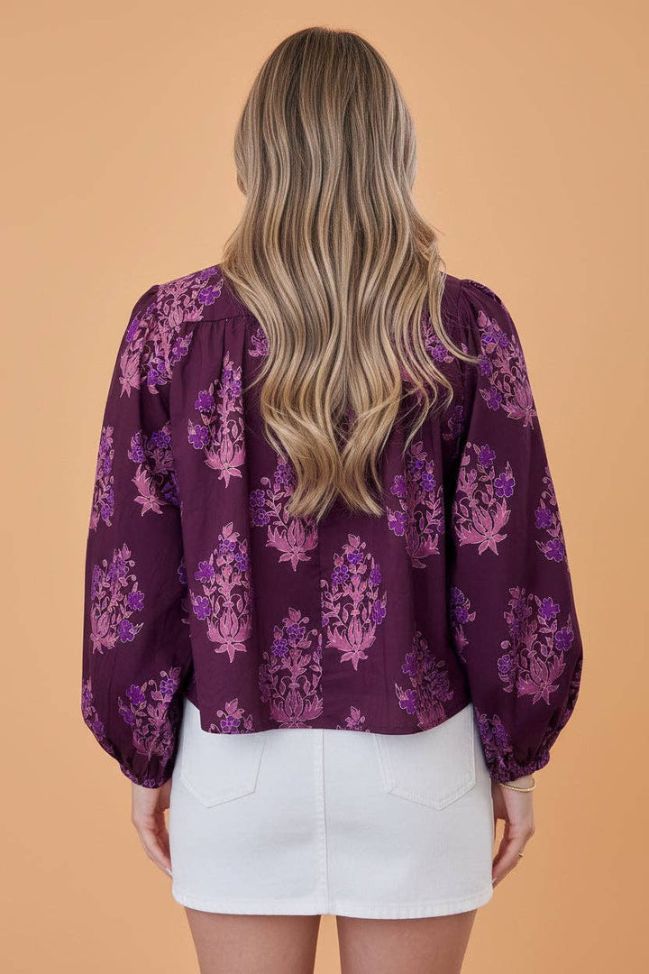 PRETTY BASH Floral Button Front Long Puff Sleeve Blouse: Purple / M