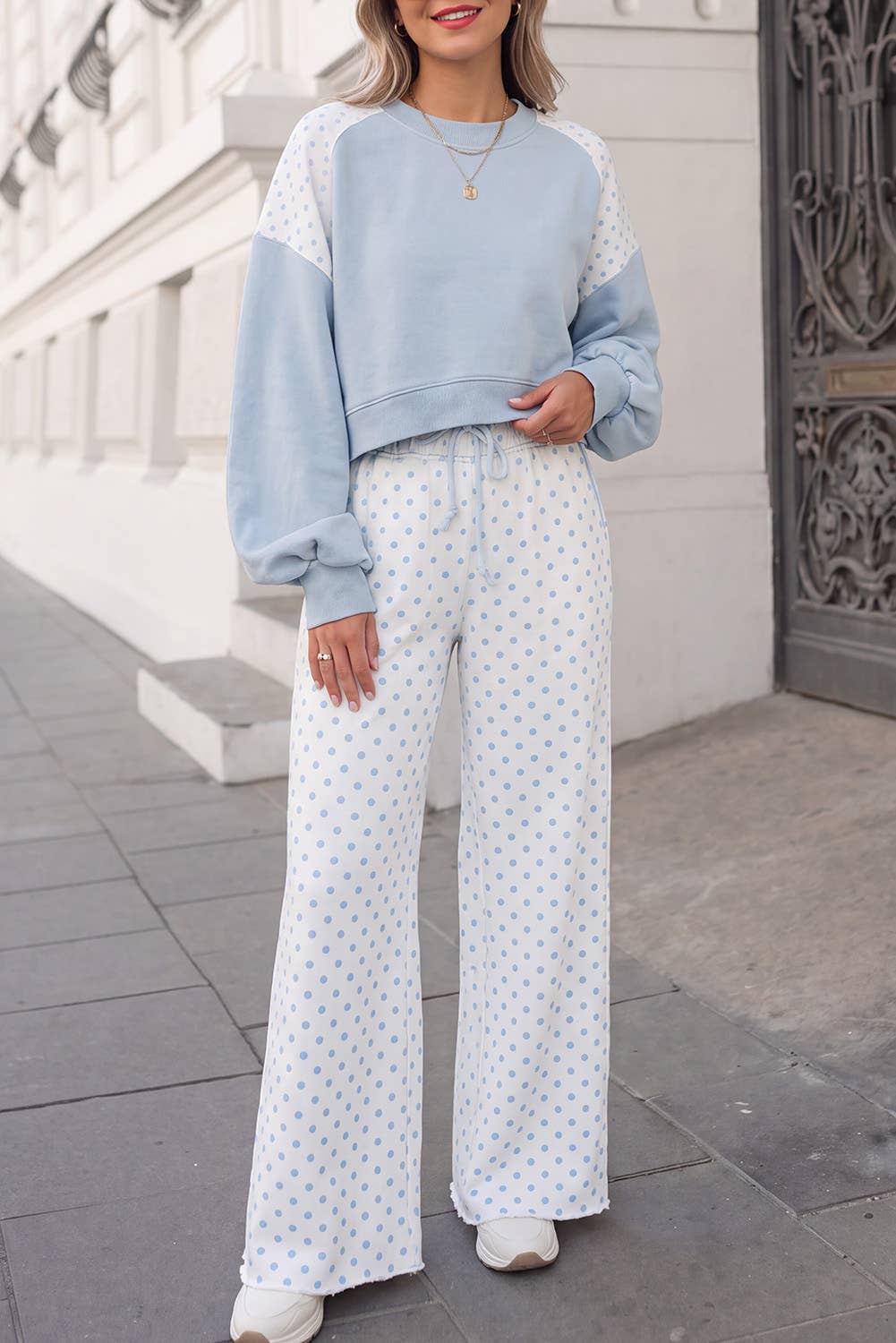 Polka Dot Print Patchwork Top 2pcs Pants Set  | S-4X: Khaki / 4X