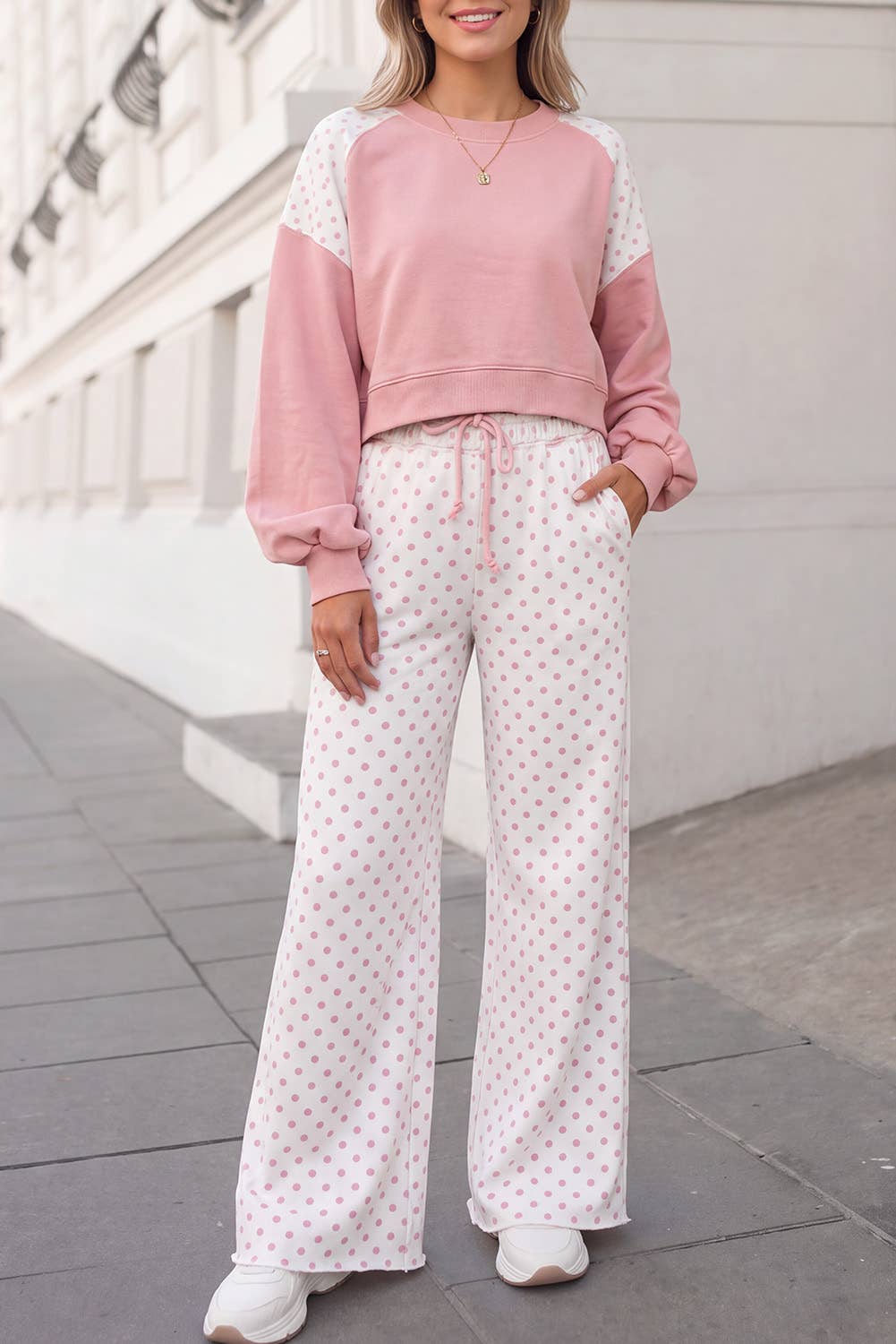 Polka Dot Print Patchwork Top 2pcs Pants Set  | S-4X: Khaki / 2X