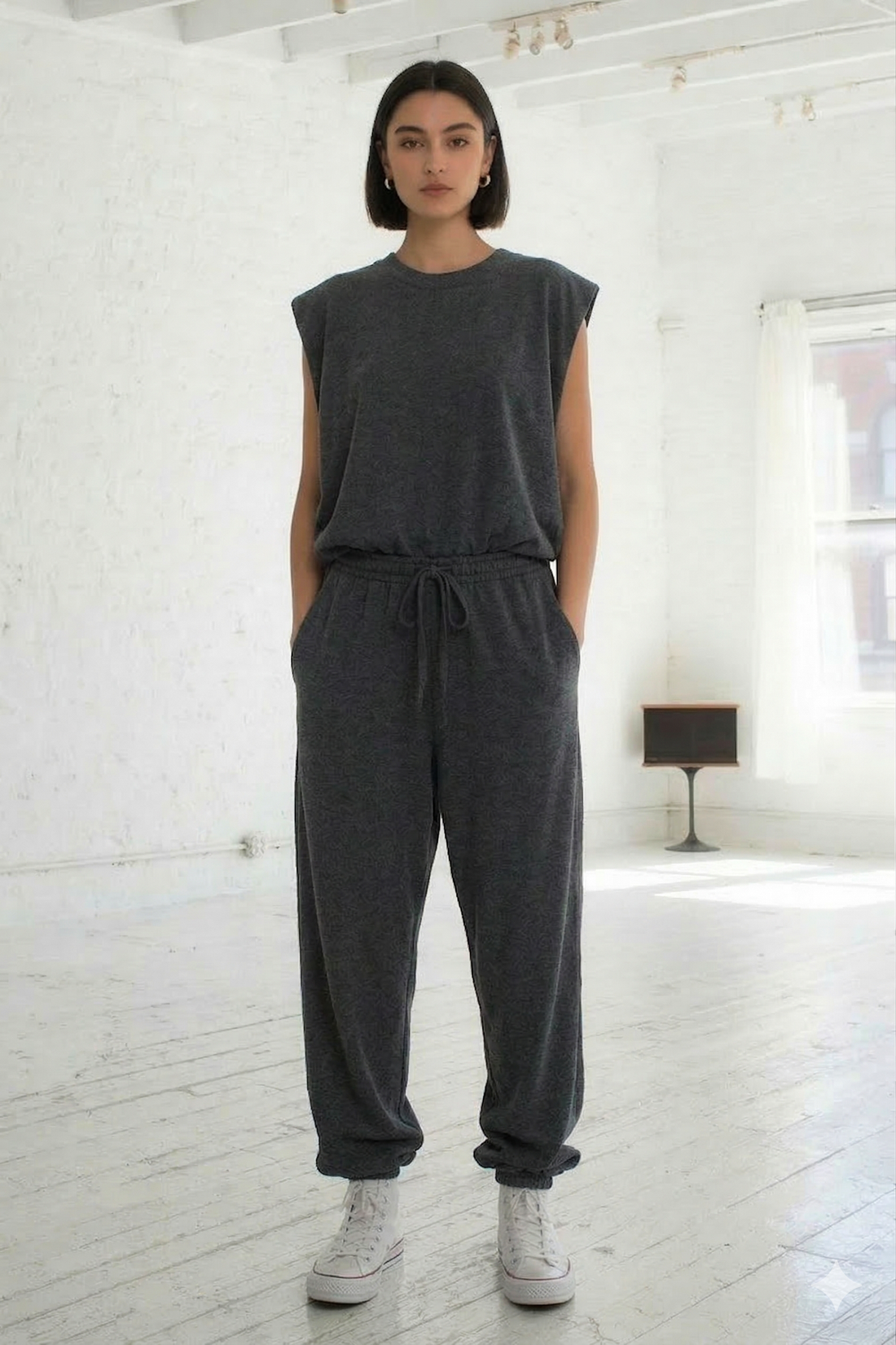 R5352 Waist Drawstring Open Back Jogger Jumpsuit: CHARCOAL / S-M-L (2-2-2)
