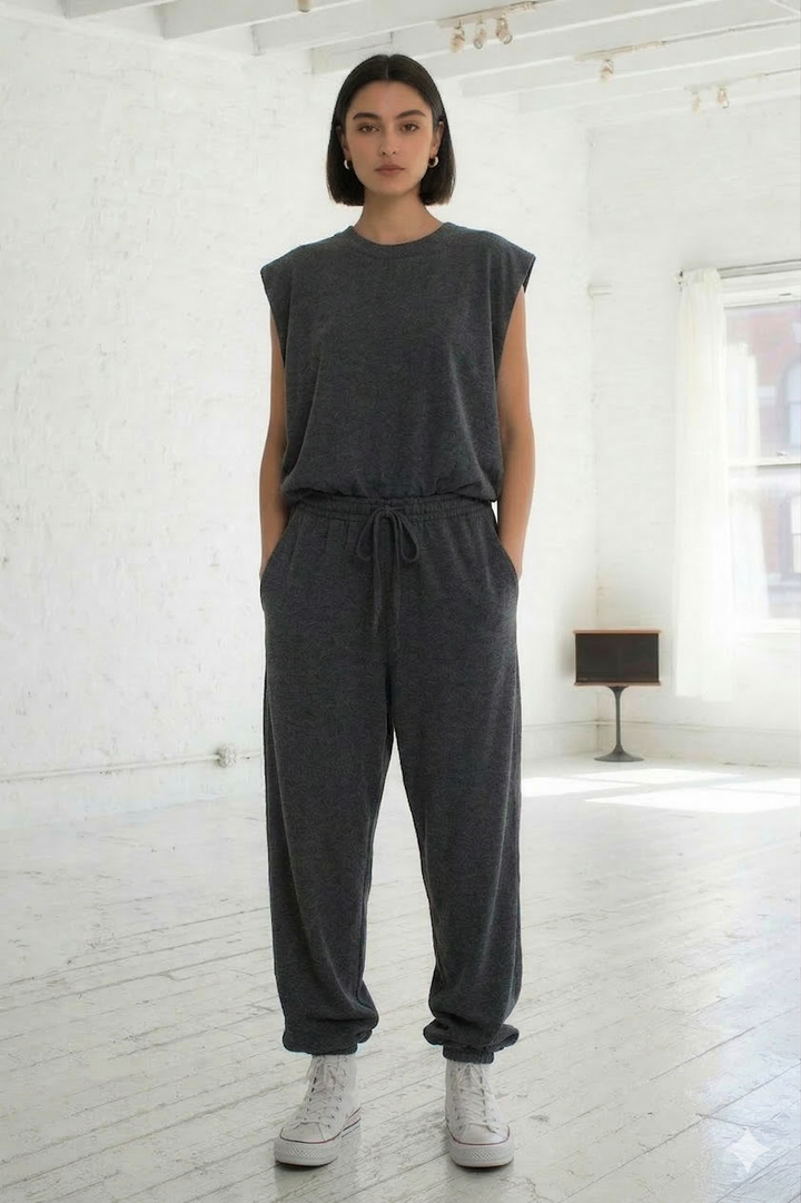 R5352 Waist Drawstring Open Back Jogger Jumpsuit: CHARCOAL / S-M-L