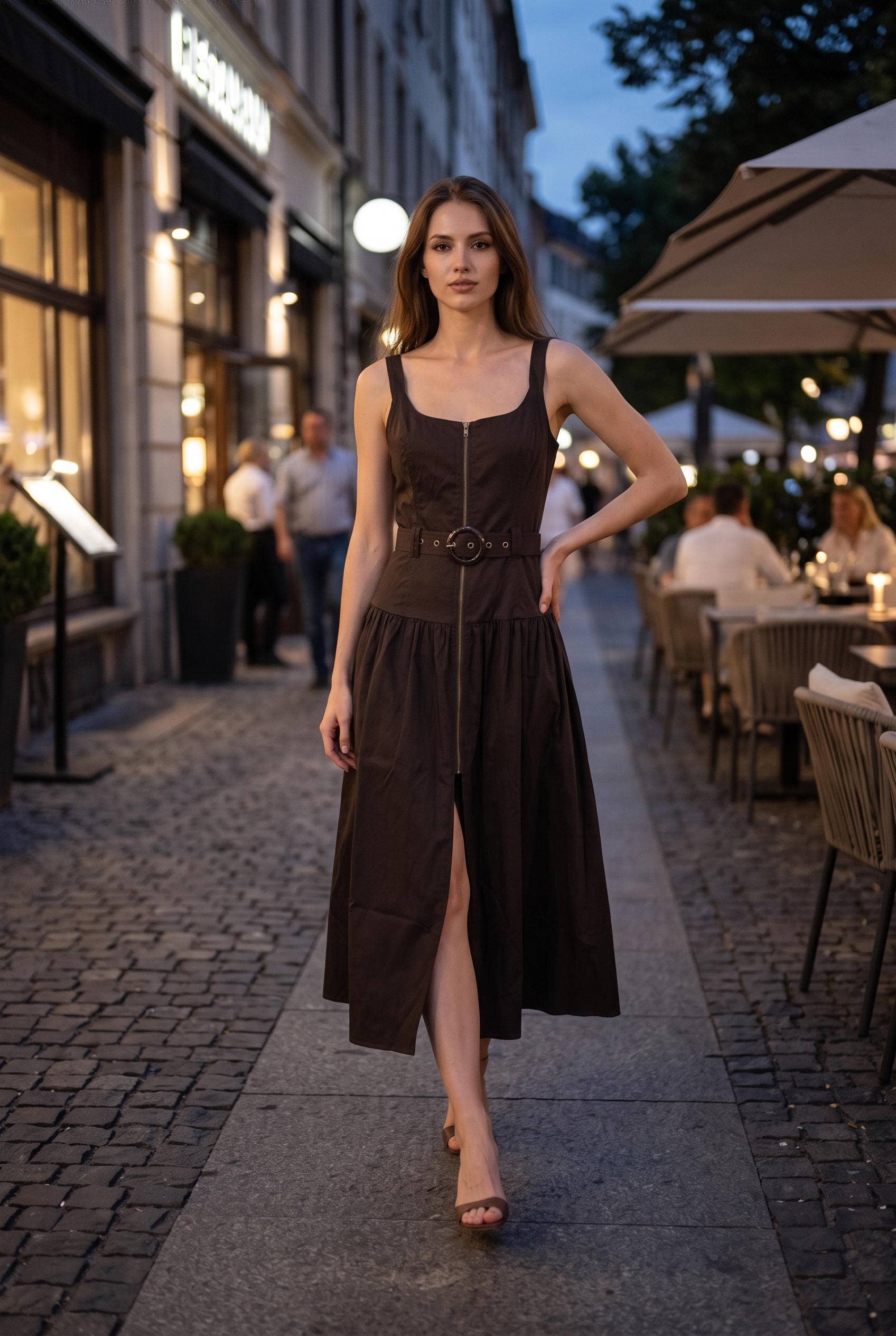 Belted Zip Front Midi Dress: RED MAHOGANY / L