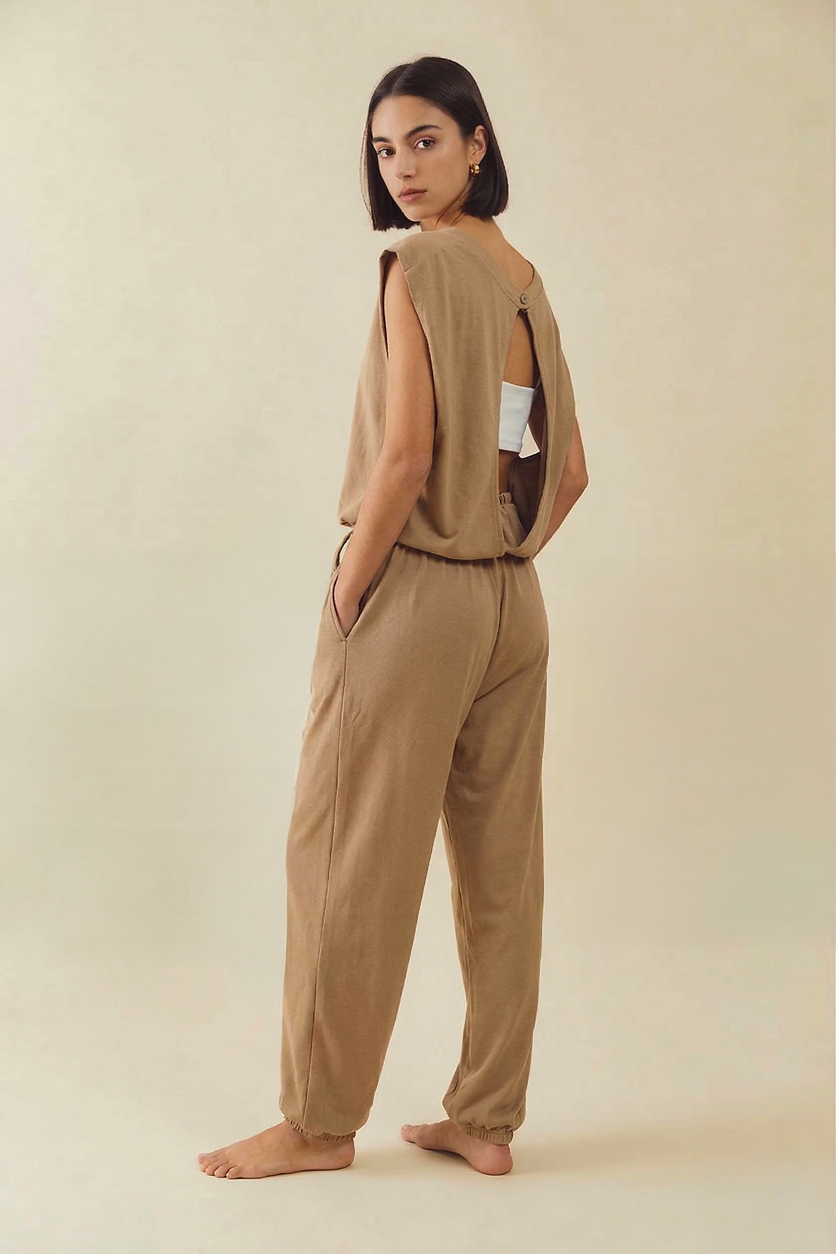 R5352 Waist Drawstring Open Back Jogger Jumpsuit: CHARCOAL / S-M-L (2-2-2)