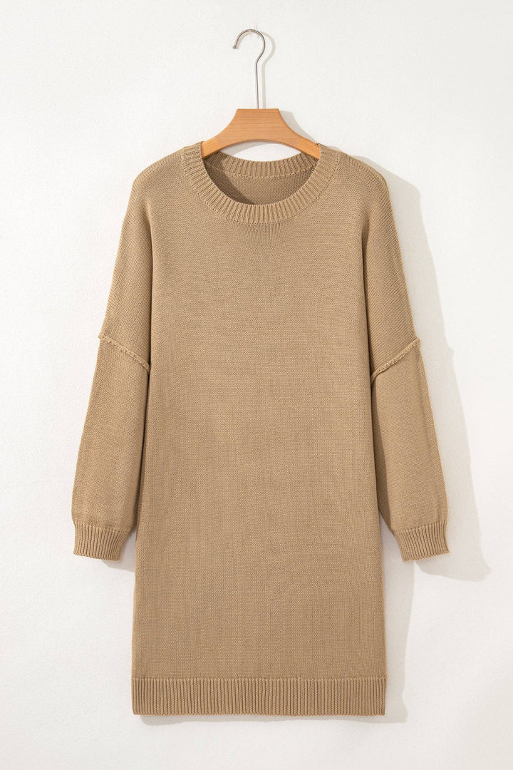 Solid Drop Shoulder Oversize Mini Sweater Dress: Pale Khaki / M
