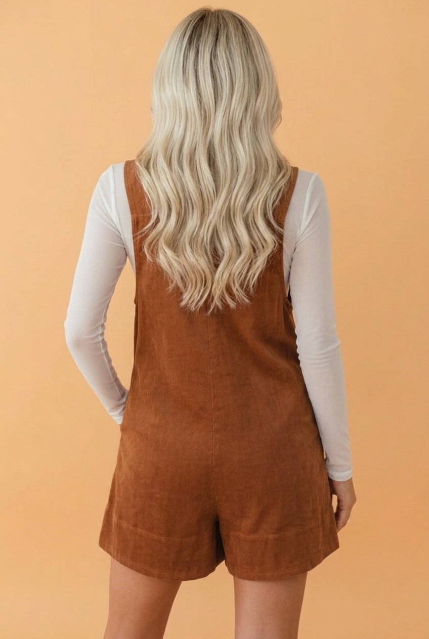 PRETTY BASH Solid Tie V-Neck Sleeveless Corduroy Romper: Cinnamon / S