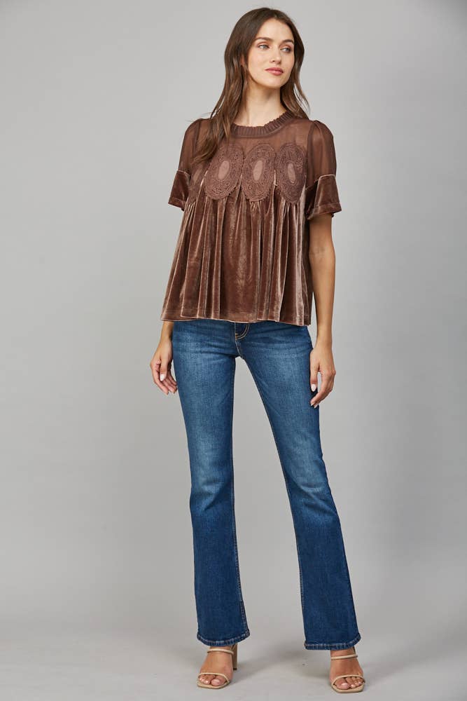 LACE DETAIL VELVET BABYDOLL TOP FT25474 : TEAL GREEN / M