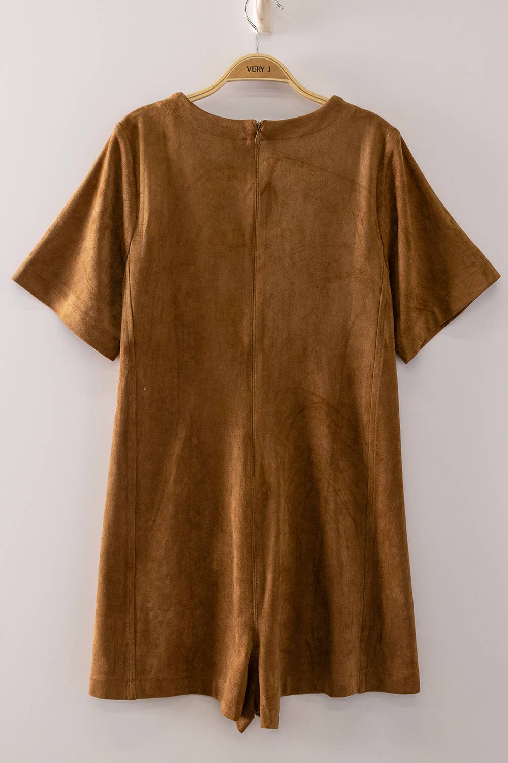 NP71107-Suede Short Sleeve Romper: CAMEL / S-M-L/2-2-2