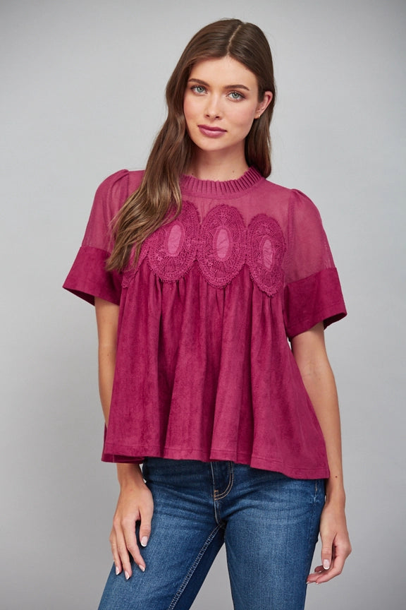 Sheer Mesh Upper Panel with Lace Applique Faux Suede Top FT24197