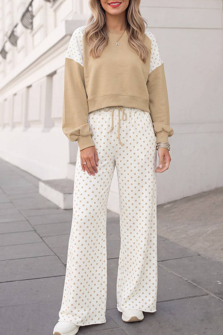 Polka Dot Print Patchwork Top 2pcs Pants Set  | S-4X: Khaki / S