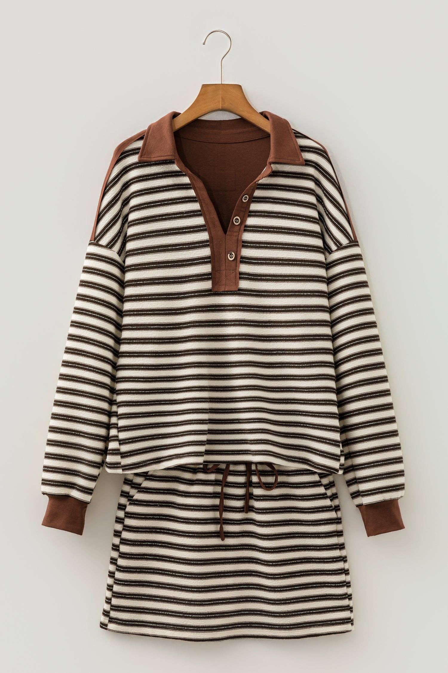 PRETTY BASH Stripe Buttoned Polo Collar Top & Skirt Set: Brown Stripe / M