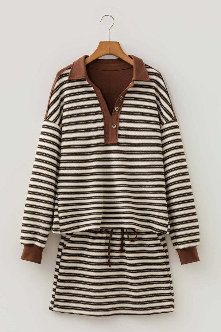 PRETTY BASH Stripe Buttoned Polo Collar Top & Skirt Set: Brown Stripe / M