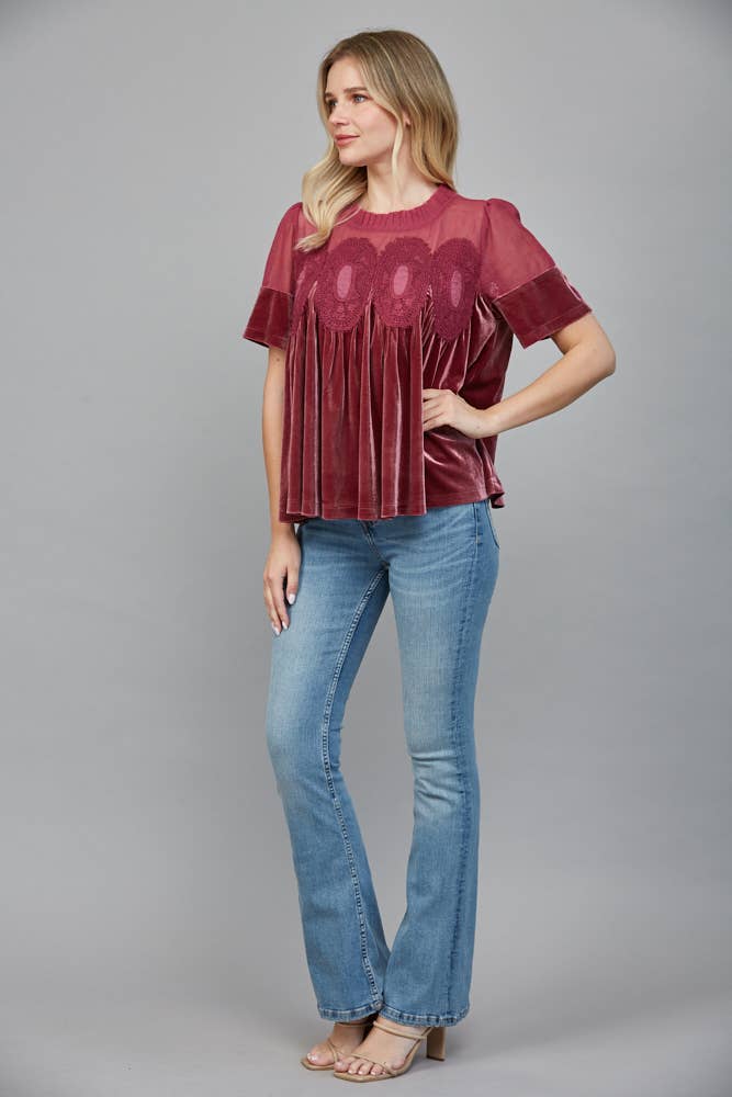 LACE DETAIL VELVET BABYDOLL TOP FT25474 : TEAL GREEN / S