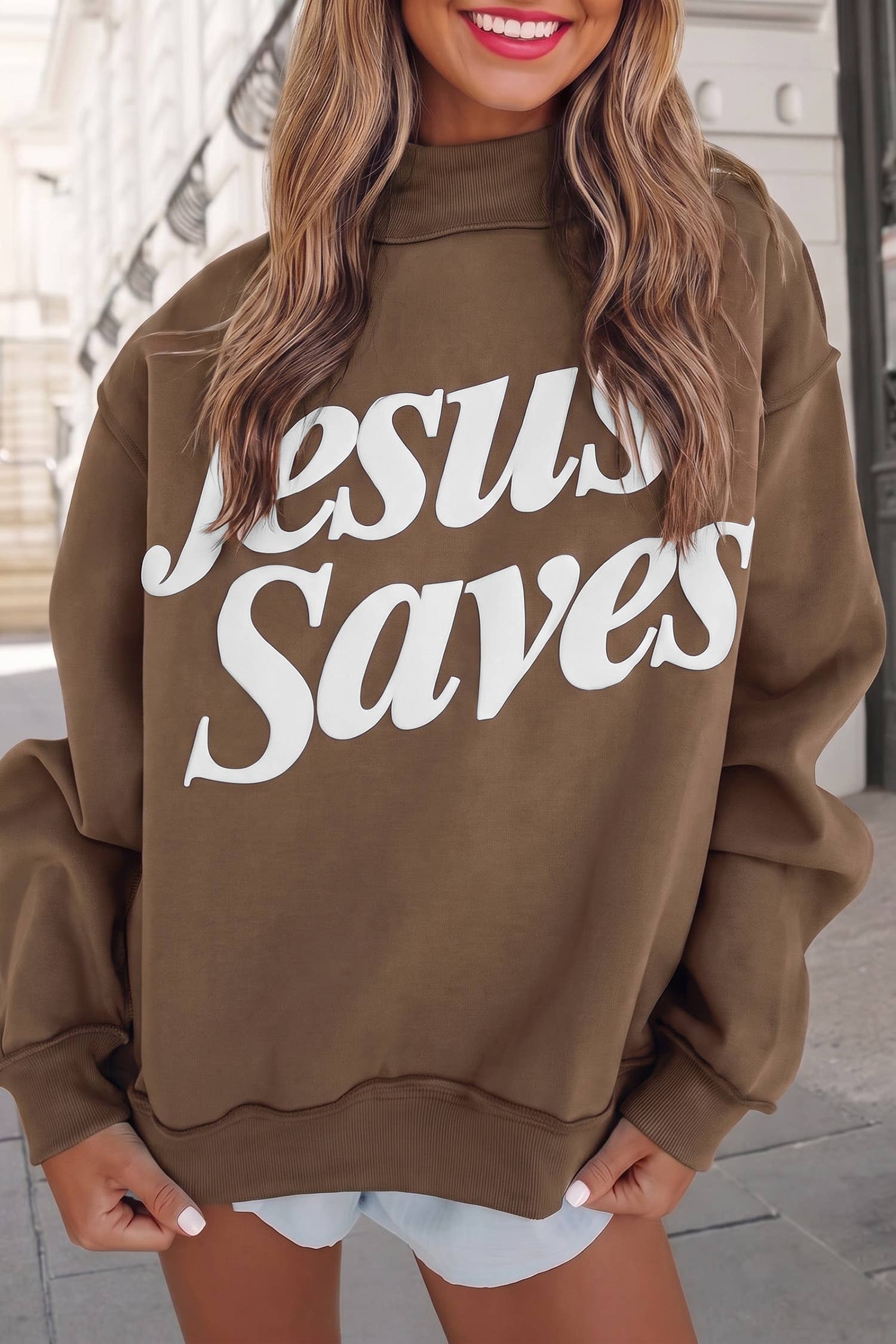 Jesus Saves Slogan Print Mock Neck Sweatshirt | S-4X: Mist Blue / M