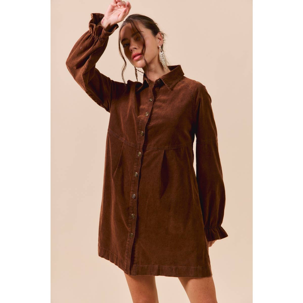 WASHED CORDUROY BUTTON DOWN SHIRT MINI DRESS: BROWN / S