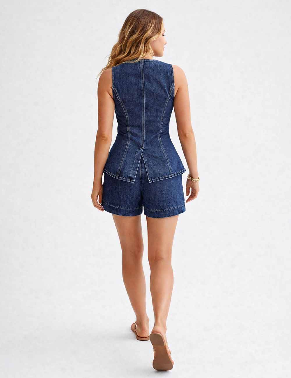 Ladies Sleeveless Button Front Denim Vest & Shorts Matching Set: Dark Blue