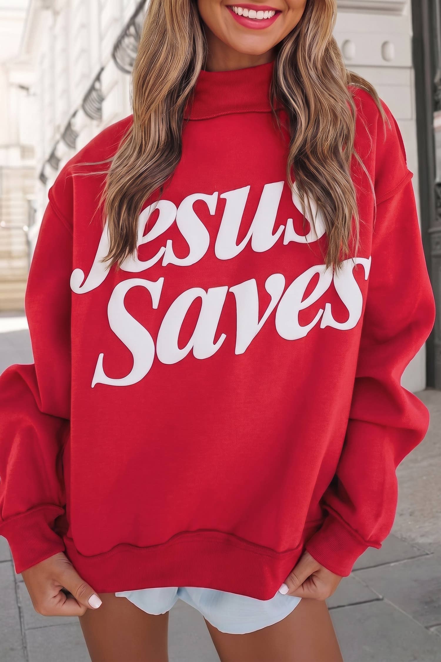 Jesus Saves Slogan Print Mock Neck Sweatshirt | S-4X: Mist Blue / S