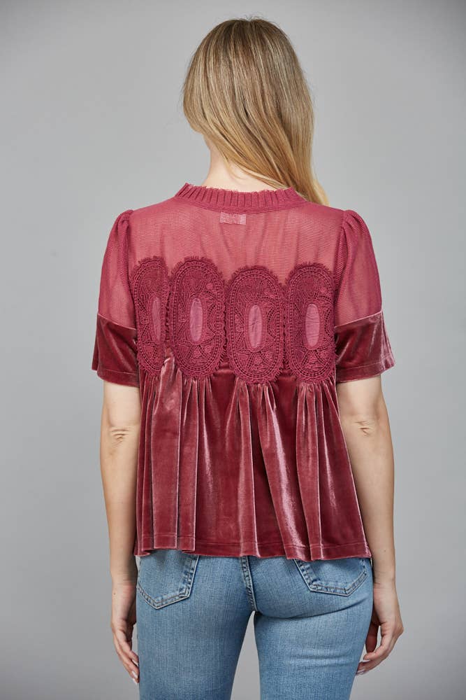 LACE DETAIL VELVET BABYDOLL TOP FT25474 : TEAL GREEN / M